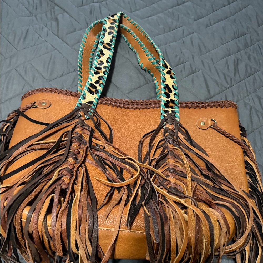 American Darling Cognac Fringe Tote with Turquoise Leopard Straps